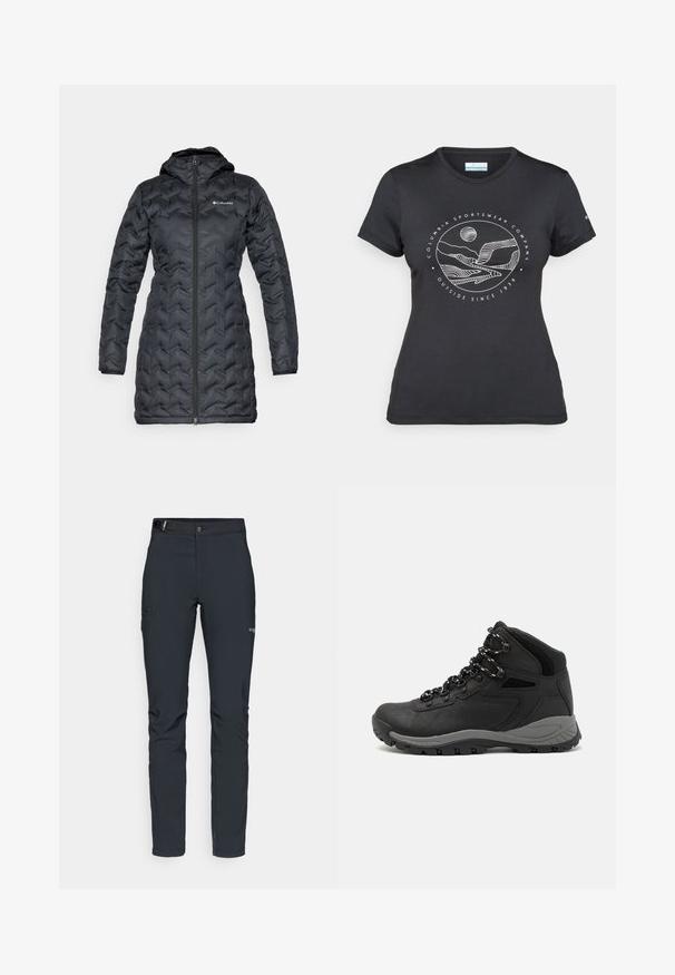 Zwarte lange gewatteerde winterjas met capuchon en centrale rits, voorzien van gestructureerde chevronstiksels en Columbia-logo op de borst.; Zwarte Columbia t-shirt met witte cirkelvormige lijntekening van bergen en een rivier en de tekst "Columbia Sportswear Company Outside Since 1938."; Heren buitenbroeken, donkergrijs, gemaakt van flexibel materiaal, met een riem, ritszakken en verstevigde stiksels.; Zwarte wandelschoen met een mid-top ontwerp, voorzien van een gestructureerde bovenkant, grijze accenten en een duurzame rubberen zool met gripnoppen.