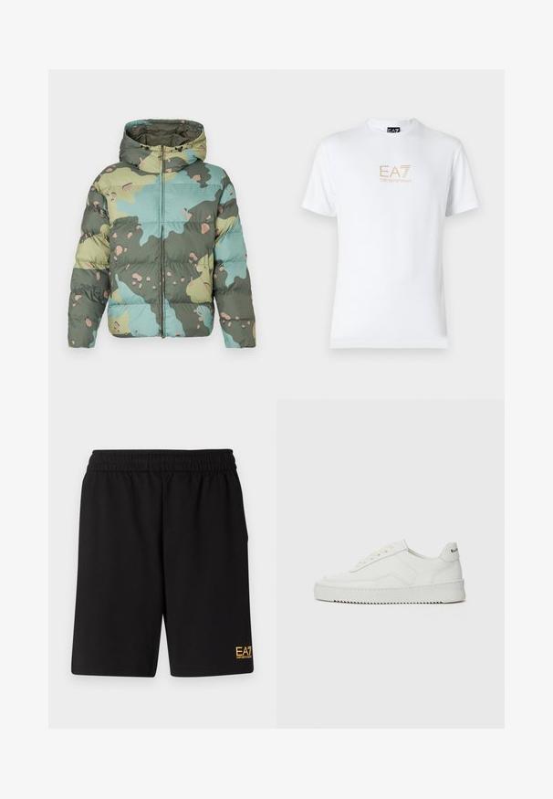 Kamerna puhovka s kapuco, sprednjim zadrgo in oblazinjenim prešitim dizajnom v zeleni, svetlo modri in bež barvi.; Bela bombažna majica s krožnim izrezom in kratkimi rokavi, s pozlačenim logotipom EA7 Emporio Armani natisnjenim spredaj.; Črne športne kratke hlače iz mehkega blaga, z elastičnim pasom in majhnim rumenim logotipom EA7 na spodnjem levem delu noge.; Bela usnjena športna obutev z gladko površino, okroglo prst, ravne vezalke in teksturiran podplat. Ima diskretno logo na peti.