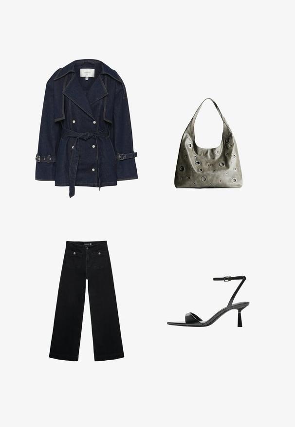 Gestuz SUMMER TRENCHCOAT - Cowboyjakker - unwashed denim; Sort langærmet cropped top med rund halsudskæring, ensfarvet design og let buet kant.; Sorte vidde jeans med høj talje, der har to forlommer og metalknapdetaljer. Stoffet har en glat tekstur.; Bershka Højhælede sandaletter / Højhælede sandaler - black; Oliven grøn læderhåndtaske med et slouchy design, der har forskellige størrelser af cirkulære udskæringer og accenter i mørkere og lysere nuancer.