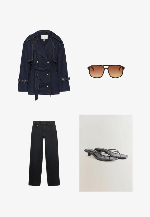 Gestuz SUMMER TRENCHCOAT - Cowboyjakker - unwashed denim; Sort langærmet skjorte lavet af ribbet stof. Den har en rund halsudskæring og et tætsiddende design uden synlige mønstre eller accenter.; Sorte brede jeans lavet af denim, med fem lommer, knaplukning, subtil syning og lige snit fra talje til søm.; Sorte patenteret faux læder hælede sandaler med firkantet tå, tynde stropper og krokodillemønster. Lav blokhæl design.; Skildpaddemønstrede solbriller med en rektangulær ramme, brune gradientlinser og en karakteristisk sølvdetalje på næseryggen.; Sort læderhåndtaske med en tekstureret overflade, der har to bærehåndtag, en aftagelig skulderrem og en detalje med sølvspænde.