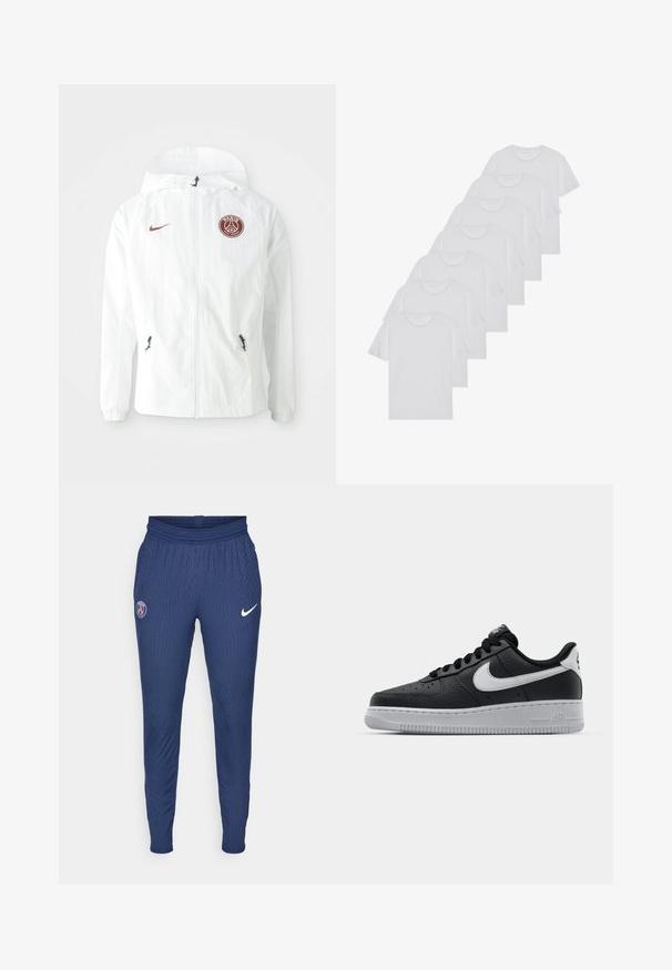 Weiße Windjacke mit Kapuze, mit einem burgunderfarbenen PSG-Logo auf der linken Brust, mit seitlichen Reißverschlusstaschen und elastischen Bündchen.; Weiße Baumwoll-T-Shirts, kurze Ärmel, Rundhals-Design, schlichte Textur, in einer Reihe gestapelt, mit dezentem Branding am Hals.; Marinefarbene Sporthosen aus strukturiertem Stoff mit einem Paris-Logo am linken Oberschenkel und einem weißen Nike-Swoosh am rechten Beinum.; Schwarze Ledersneaker mit strukturierten Oberflächen, weißem Nike-Swoosh, grauer Sohle, runder Zehenpartie und Schnürdesign. Verfügt über Perforationen an der Zehenbox.