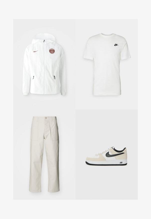 Weiße Windjacke mit Kapuze, mit einem burgunderfarbenen PSG-Logo auf der linken Brust, mit seitlichen Reißverschlusstaschen und elastischen Bündchen.; Weißes Baumwoll-T-Shirt mit kurzen Ärmeln, rundem Halsausschnitt und einem schwarzen Nike-Logo auf der linken Brust. Glatte Textur und klassische Passform.; Helle beige weit geschnittene Hose aus Baumwolle. Verfügt über Fronttaschen und einen Knopfverschluss. Glatte Textur mit dezenten vertikalen Streifen.; Sneaker mit einem hellbeigen Wildleder- und weißen Leder-Obermaterial, schwarzem Nike-Swoosh, schwarzen Akzenten und einer weißen Gummisohle mit "AIR"-Branding.