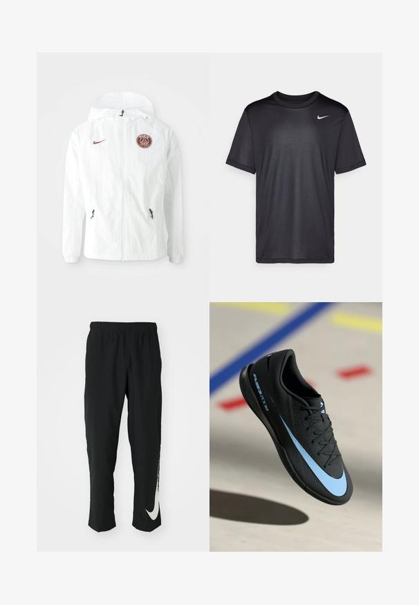 Valge tuulebreaker jakk kapuutsiga, mille vasakul rinnal on marooni värvi PSG logo, lukuga küljetaskud ja elastsed mansetid.; Must musta T-särk lühikeste varrukatega, ümmarguse kaelusega, valmistatud siledast kangast. Esipoolt kaunistab väike valge Nike logo vasakul ülaservas.; Mustad mustad sportlikud püksid elastse vöökohtadega, kitseneva disainiga, millel on vasakul jalal suur valge Nike logo. Pehme, kerge kangas.; Mustad mustus spordijalats siniste detailidega, tekstureeritud pind, lipsudega disain ja eristuv Nike logo. Kummist talla, millel on haardemustrid.