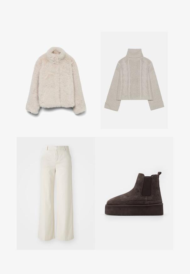 Műszőrme dzseki lágy bézs színben, magas gallérral, hosszú ujjakkal és dobozos fazonnal, texturált, bolyhos felülettel. Nincsenek látható záródások.; Rövidített, világosszürke kötött pulóver magas gallérral és bordázott mandzsettákkal, hátul és az oldalakon texturált sodrott mintákkal.; Világos bézs színű, széles lábú nadrág, sima anyagból készült. Klasszikus derékrésszel és lapos elülső résszel, letisztult vonalakkal rendelkezik.; Barna nubuk Chelsea csizma elasztikus oldalsó panelekkel és vastag, textúrázott talppal. A saroknál található húzófül megkönnyíti a felhúzást.