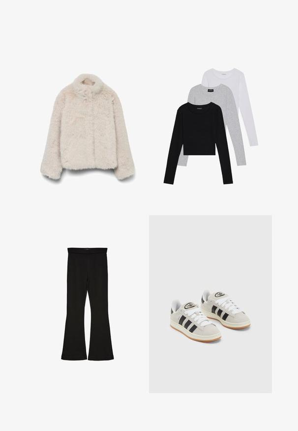 Casaco de pêlo sintético em bege suave, com gola alta, mangas compridas e formato quadrado, com superfície texturizada e felpuda. Sem fecho visível.; Três camisetas de manga longa empilhadas: preta, cinza e branca. Cada uma tem um decote redondo e um design cropped, feitas de um tecido leve e suave.; Leggings pretos em flare feitos de um tecido elástico. Apresentam uma cintura larga e uma textura suave, com um silhueta ajustada que se alarga na bainha.; Tênis de camurça cinza com atacadores brancos, riscas pretas e uma sola de borracha branca. Apresenta um logótipo circular na língua e uma sola de borracha.