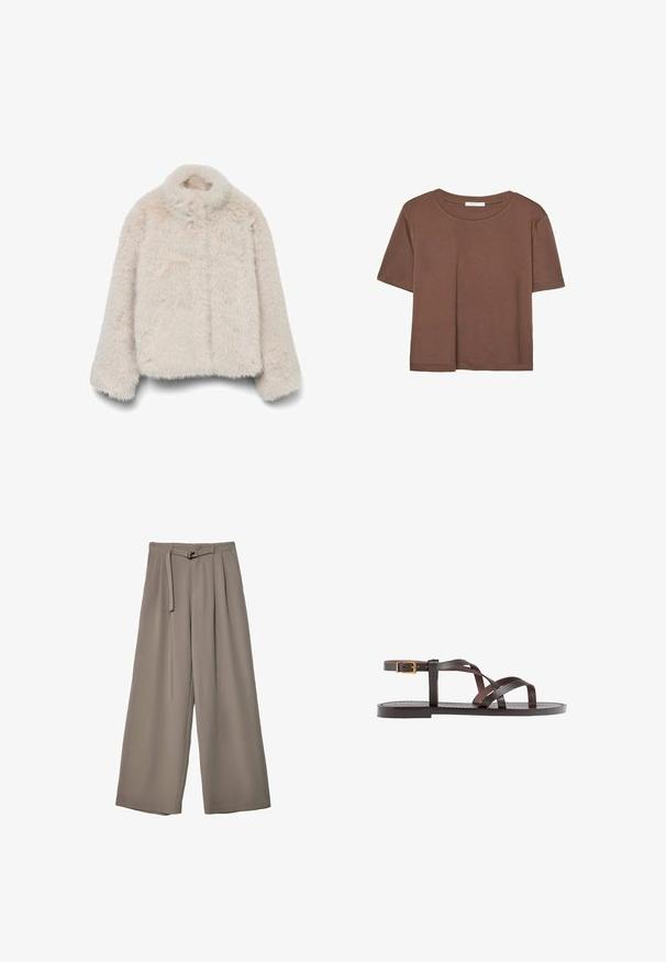Fuskpälsjacka i mjuk beige färg med hög krage, långa ärmar och en fyrkantig form, med en texturerad, fluffig yta. Inga synliga stängningar.; Brun kortärmad t-shirt i mjukt tyg, med rund halsringning och avslappnad passform. Inga synliga mönster eller detaljer.; Breda byxor i ett mjukt, dämpat grått tyg, med belagd midja och veck för extra designdetaljer. Slät textur, inga mönster.; Bruna lädersandaler med korsade remmar, spänne runt vristen och en platt sula med minimala sömnadsdetaljer.