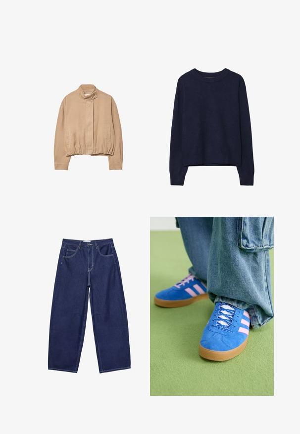 Beige corduroyjas met een hoge kraag, elastische zoom en drukknopen aan de voorkant. Beschikt over zijzakken en ribbeltextuur.; Marineblauwe gebreide trui, zachte textuur, ronde halslijn, verlaagde schouders, korte lengte, ribgebreide manchetten en zoom.; Donkerblauwe denim wijde been broek met een hoge taille, vijf zakken en contrasterende witte stiksels. Gladde textuur, klassiek ontwerp.; Blauwe suède schoenen met roze strepen en witte veters, voorzien van een gumrubberen zool, gecombineerd met losse denim broek op een groene ondergrond.