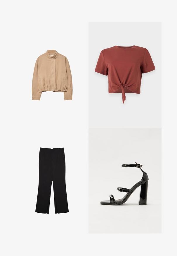 Beige corduroyjas met een hoge kraag, elastische zoom en drukknopen aan de voorkant. Beschikt over zijzakken en ribbeltextuur.; Roestkleurig cropped T-shirt van zacht katoen met korte mouwen en een geknoopt voorpand. Soepele textuur, ronde halslijn.; Zwarte broek met een rechte pasvorm, voorzien van zijzakken en plooien aan de onderzijde. Gemaakt van zachte, gladde stof. Geschikt voor verschillende gelegenheden.; Zwarte gepatenteerde sandalen met hak en een vierkante neus, enkelbandjes en zilveren gespen. Heeft een stevige blokhak voor stabiliteit.