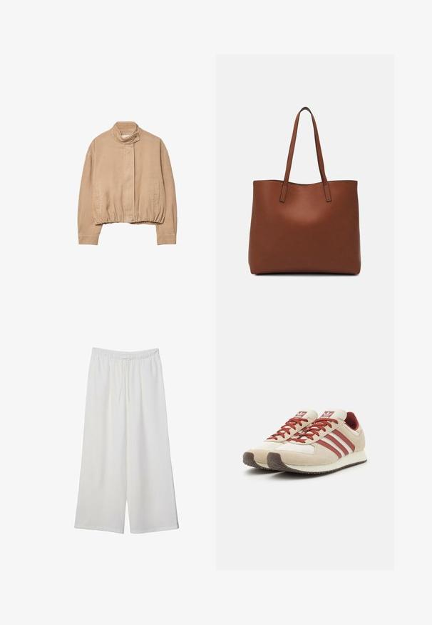 Bež jakna od kordura s visokim ovratnikom, elastičnim rubom i prednjim kopčanjem na dugmiće. Ima bočne džepove i rebrastu teksturu.; Bijela majica od mekane, lagane tkanine. Ima okrugli izrez i kratke, široke rukave s ležernim krojem. Bez vidljivih uzoraka.; Bijele hlače širokog kroja izrađene od lagane tkanine, s elastičnim pojasom i vezicom za prilagodljivu veličinu. Glatka tekstura.; Bež i crvene retro tenisice s tri crvene pruge, teksturirana nubuk i mrežasta gornjište, podstavljena potplat, okrugli vrh.; Smeđa kožna torba preko ramena s glatkom teksturom, otvorenim vrhom i dvjema naramenicama. Ima minimalne šavove i nema vidljivog hardvera.