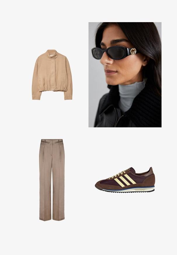 Beige corduroy jacket with a high collar, elasticized hem, and front snap closure. Features side pockets and ribbed texture.; Light beige camisole made of soft fabric, featuring thin adjustable straps and a V-neckline with a slightly relaxed fit.; Beige wide-leg trousers with a smooth texture, featuring a flat front, two pleats, and side pockets. Designed from lightweight fabric.; Brown and burgundy sneaker with suede and mesh materials, featuring three cream stripes, textured fabric on the tongue, and a rubber sole.; Black sunglasses featuring a sleek rectangular frame with a gold logo accent on the side. Dark lenses and glossy finish are prominent.; Large black and beige patterned shoulder bag with a soft, textured finish and adjustable leather straps. Features subtle metal accents.