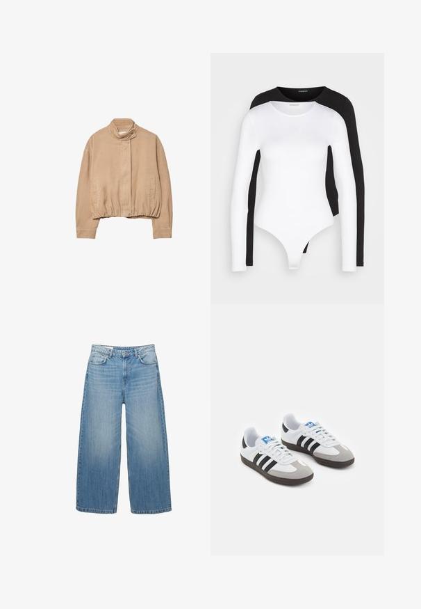 Beige fløjljakke med høj krave, elastisk kant og trykknaplukning foran. Har sidelommer og ribbet tekstur.; Sort og hvid langærmet bodystocking med en rund halsudskæring. Fremstillet af blødt, strækbart stof, har den en g-streng-lignende bund og tætsiddende ærmer.; Lys blå brede jeans lavet af denim, med et klassisk fem-lomme design og en knaplukning. Har en falmet struktur over det hele.; Sportsko med en overdel i hvid læder, grå ruskind på tåen og tre sorte striber. Har et blåt logo på tungen og en struktureret gummisål.