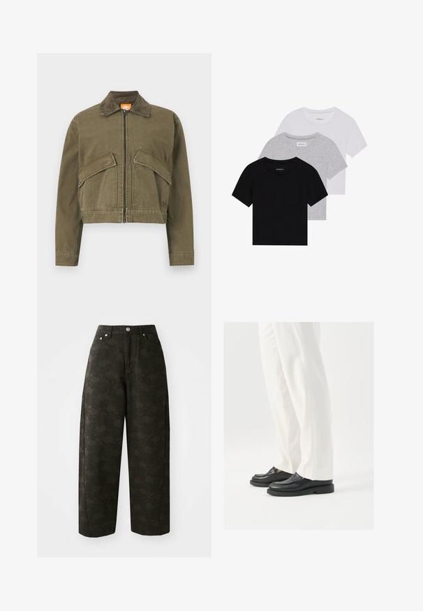 Lühendatud oliiviroheline jakk vastupidavast kangast, villase krae ja esilukuga, kahe suure patšopurgiga rinna peal.; Kollektsioon kolm lühikese varrukaga T-särki mustas, hallis ja valges värvitoonis. Valmistatud puuvillast, ümmarguse kaelusega ja lihtsa, ühevärvilise disainiga.; Tumedad rohelised laiad püksid, millel on tekstuurne lillemuster, viie tasku disain ja metallist nupud vööl.; Mustad musta nahast loafers, millel on sile tekstuur, õmblustäiendused ja ümar nina, koos valgete kohandatud pükstega.