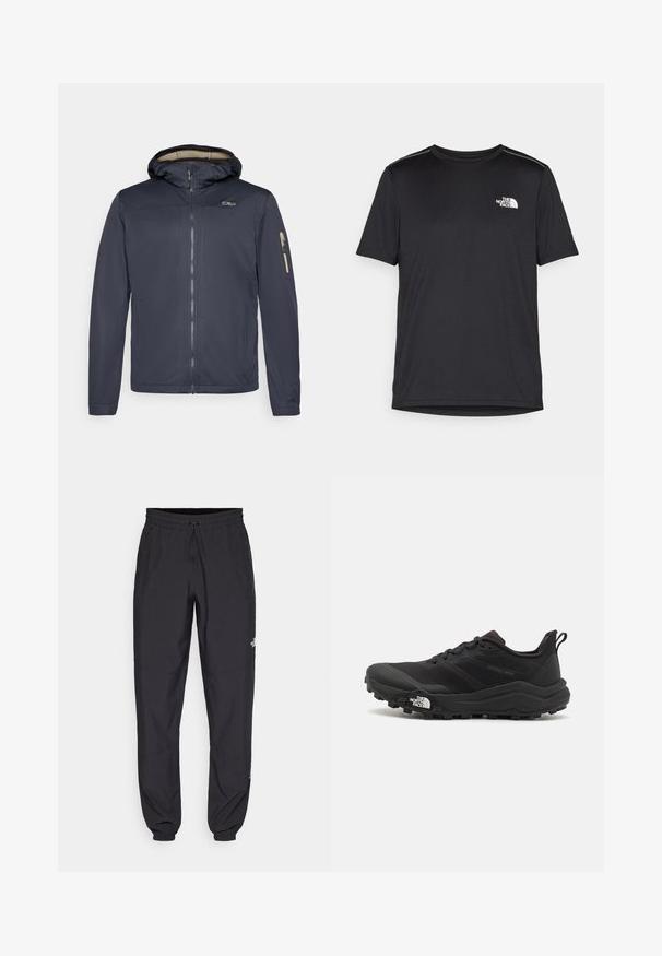 Marinblå vattentät jacka med dragkedja fram, justerbar huva, sidofickor och ficka med dragkedja på armen. Slät tygkänsla och figursydd design.; Svart kortärmad T-shirt i lättviktig tyg. Har en liten vit logotyp på vänster bröst och subtila axeltoner.; Svarta träningsbyxor tillverkade av lättviktsmaterial, med dragsko i midjan, sidofickor och avsmalnande muddar vid anklarna.; Svart terränglöparsko med en strukturerad ovandel, gummisula och förstärkt tåhätta. Har en vadderad krage och en dragflik för enkel påtagning.