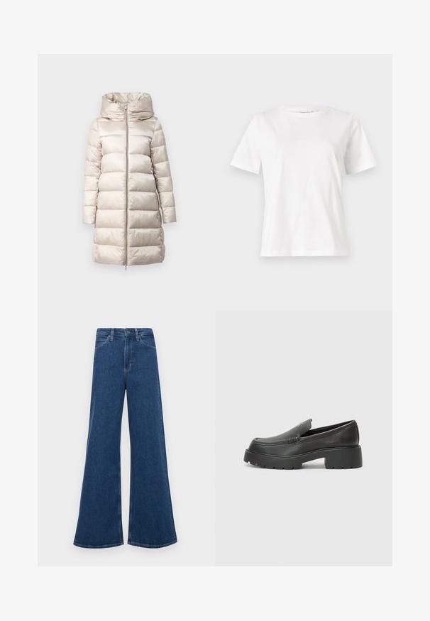 Beige zimní bunda s kapucí, s horizontálním prošíváním, plným zipem vpředu a dlouhými rukávy. Hladký, lesklý materiál.; Bílý bavlněný tričko s krátkým rukávem, kulatým výstřihem a volnějším střihem. Hladká textura, bez vzorů nebo akcentů, minimalistický design.; Modré zvonové džíny s vysokým pasem, které mají pět kapes, knoflíkovou zapínání a kontrastní švy.; Černé kožené mokasíny s okrouhlou špičkou, silnou strukturovanou podrážkou a minimálními detaily šití. Elegantní design bez viditelných tkaniček nebo kovových prvků.
