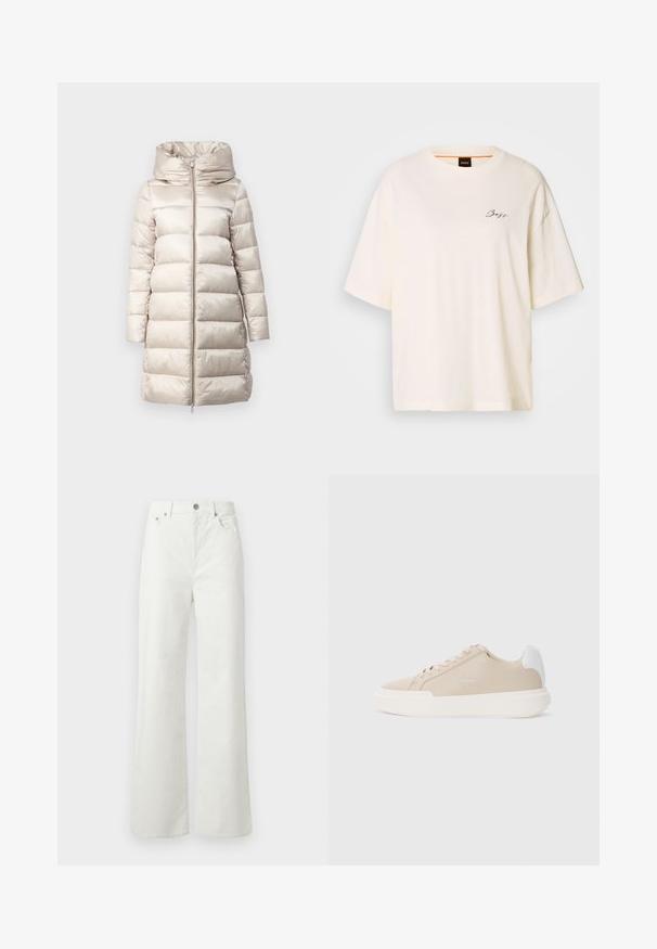 Bežna puhovka s kapuco, z vodoravno prešitim vzorcem, polnim zadrgo in dolgimi rokavi. Gladek, sijoč material.; Bela oversize majica s kratkimi rokavi, izdelana iz mehkega materiala, z okroglim izrezom in majhnim črnim logotipom "Boss" na sprednji strani.; Samsøe Samsøe SHELLY - Široke kavbojke - clear cream; Bežna usnjena športna obutev z belim zadnjim detajlom, ravnim belim podplatom in tonskim šivanjem ter logotipom na strani.
