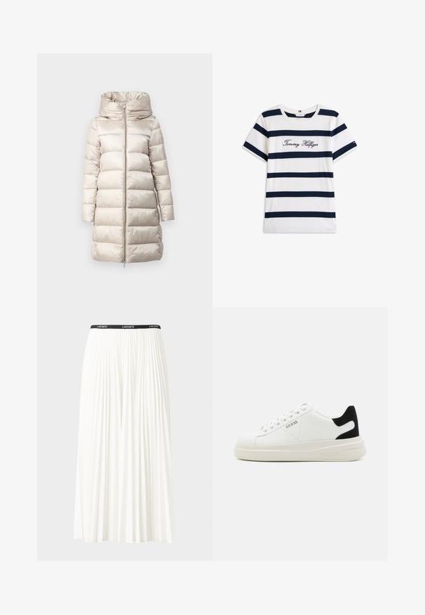 Beige pufferjakke med hette, med horisontalt quiltet mønster, hel glidelås foran og lange ermer. Glatt, glinsende materiale.; Koftet laget av bomull har horisontale marineblå striper på hvit bakgrunn. "Tommy Hilfiger" brodert i kursiv på brystet. Rund hals.; Plissert hvit skjørt med en svart elastisk midje som har "LACOSTE"-logoen. Midjelengde design med myk tekstur.; Hvite lær sneakers med tykk hvit såle, svart semsket hælforsterkning og preget logo på siden. Snøresystem med seks hull.