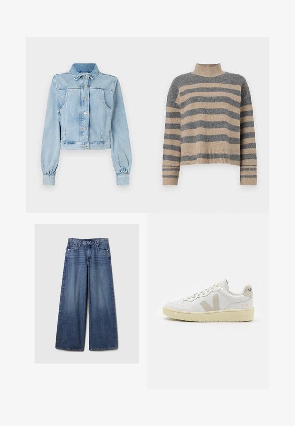 Šviesiai mėlyna trumpa džinsinė striukė su mygtukų užsegimu priekyje, apykakle, dviem krūtinės kišenėmis ir suktais rankovėmis. Minkšta tekstūra ir klasikinis dizainas.; Dryžuotas mezginys su pilkos ir smėlio spalvomis, aukštu kaklu, plačiomis rankovėmis su atvartais ir laisvu siluetu, trumpesnio ilgio.; Platus mėlynos džinsinės kelnės su išblukusiu paviršiumi, su mygtukų ir užtrauktuko uždarymu, penkiomis kišenėmis ir diržo kilpomis.; Balti odiniai sportbačiai su kreminiais zomšos akcentais, perforuota pirštų dalimi, plokščiomis raišteliais ir struktūruota kreminėmis padomis. Ant kulno yra subtilus ženklinimas.