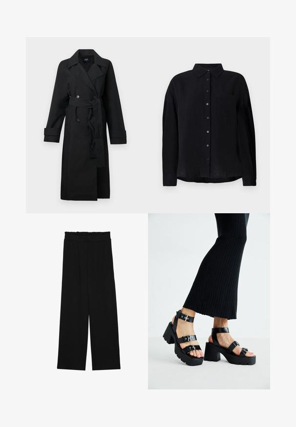 Sort trenchcoat lavet af et glat materiale, med dobbeltradet front, store kraver, bæltet talje og manchetter på ærmerne.; Sort langærmet skjorte lavet af letvægtsstof, med spids krave, knaplukning foran, enkelt brystlomme og afslappet pasform.; Sorte brede bukser med en rynket talje, der har to sidelommer og et glat, let stof. Ingen synlige mønstre eller hardware.; Sorte platfromsandaler med kraftige, skridsikre såler og flere stropper, der har metalspænder og en glat læderlignende tekstur.