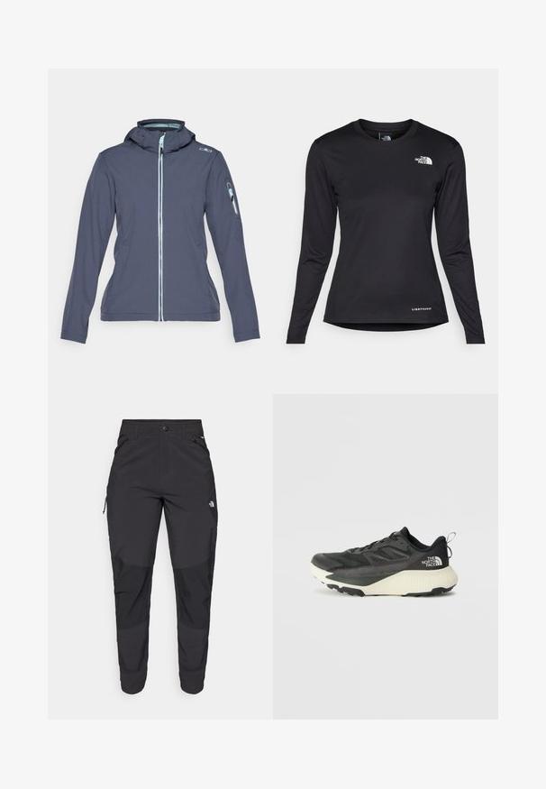 CMP ZIP HOOD - Soft shell jacket - titanio/acqua; The North Face SHADOW LONG SLEEVE - Long sleeved top - black; Black outdoor pants made of durable fabric. Feature zippered pockets, reinforced knee panels, and a straight cut design for mobility.; Black athletic shoe with a textured upper, featuring gray accents and a white midsole. Includes a pull tab and prominent brand logo on the heel.