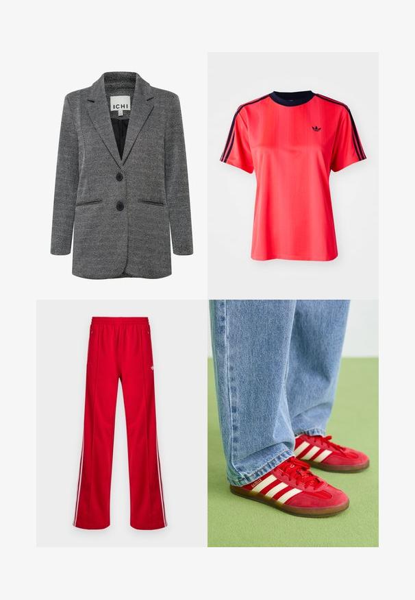 Pilkos ir juodos spalvos šunų danties rašto švarkas, turintis įpjovą apykaklėje, dvigubą mygtukų užsegimą ir dvi priekinės kišenes.; Raudona sportinė marškinė su trumpomis rankovėmis, su vertikaliomis juostelėmis, tamsiai mėlynu apykakle ir mažuoju juodu logotipu priekyje.; Raudonos sportinės kelnės laisvo silueto, su elastiniu liemeniu, dviem šoniniais kišenėmis ir baltais šoninės juostos. Pagamintos iš glotnaus sintetinio audinio.; Raudoni nubuko sportbačiai su trimis baltais dryžiais, apvaliu pirštu ir tekstūruotu padu, derinami su šviesiai mėlynomis džinsinėmis kelnėmis ant žalio fono.