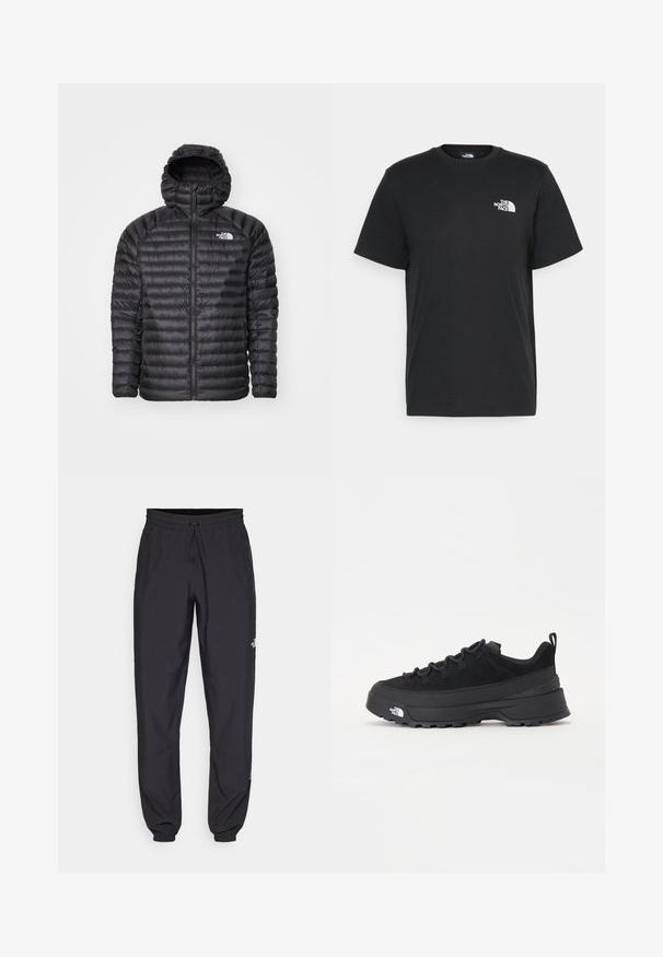 Black padded jacket with a hood, featuring a full zip, quilted texture, and logo on the left chest. Designed for warmth and lightweight comfort.; Black cotton t-shirt with short sleeves, crew neck, and a small white logo on the left chest. Simple design, smooth texture, and relaxed fit.; Black athletic pants made from lightweight fabric, featuring a drawstring waistband, side pockets, and tapered cuffs at the ankles.; Black outdoor sneaker with a suede upper, textured rubber sole, and sturdy lacing system. Features a reinforced heel and brand logo on the side.