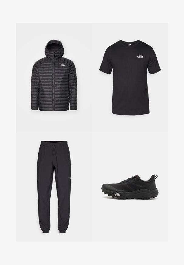 Black padded jacket with a hood, featuring a full zip, quilted texture, and logo on the left chest. Designed for warmth and lightweight comfort.; Black short-sleeve t-shirt made of cotton, featuring a round neckline and a small white logo on the upper left chest area.; Black athletic pants made from lightweight fabric, featuring a drawstring waistband, side pockets, and tapered cuffs at the ankles.; Black trail running shoe with a textured upper, rubber sole, and reinforced toe cap. Features a padded collar and pull tab for easy wear.