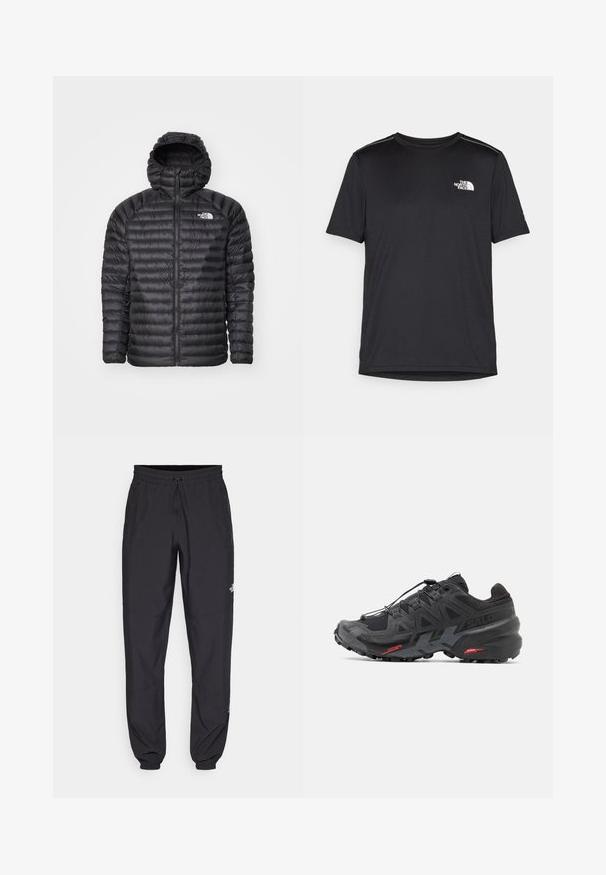 Juodas paminkštintas švarkas su kapišonu, su pilna užtrauktuku, siuvinėtu tekstūru ir logotipu kairėje krūtinės pusėje. Sukurtas šilumai ir lengvam komfortui.; Juodas trumpas rankovės marškinėliai, pagaminti iš lengvos medžiagos. Yra mažas baltas logotipas kairiajame krūtinės pusėje ir subtilūs pečių akcentai.; Juodos sportinės kelnės, pagamintos iš lengvos medžiagos, su raišteliu liemens srityje, šoniniais kišenėmis ir siaurėjantys apykaklės prie kulkšnies.; Juodas bėgimo batelis su sintetiniu viršumi, tekstūruotu dizainu ir kontrastingais raudonais akcentais. Turintis saugų raištelių sistemą ir tvirtą pado konstrukciją.