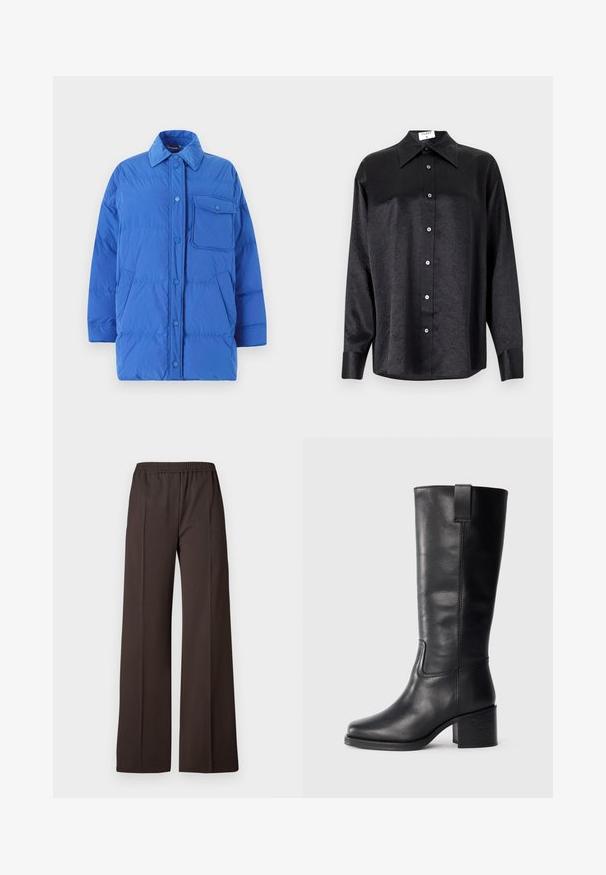 Weekend Max Mara CARLOS - Daunenmantel - bluette; Schwarzes Langarmhemd mit kragenförmigem Halsausschnitt, mit einem zerknitterten Textur, voller Knopfleiste und Manschetten. Hergestellt aus einem glatten Stoff.; Weite Hosen aus dunkelbraunem Stoff mit einem elastischen Taillenbund, die eine glatte Textur und klare Linien für einen eleganten Look aufweisen.; Schwarze Lederstiefel bis zum Knie mit glatter Oberfläche, quadratischer Spitze, Blockabsatz und seitlichem Zugband, mit minimalistischen Nähdetails.