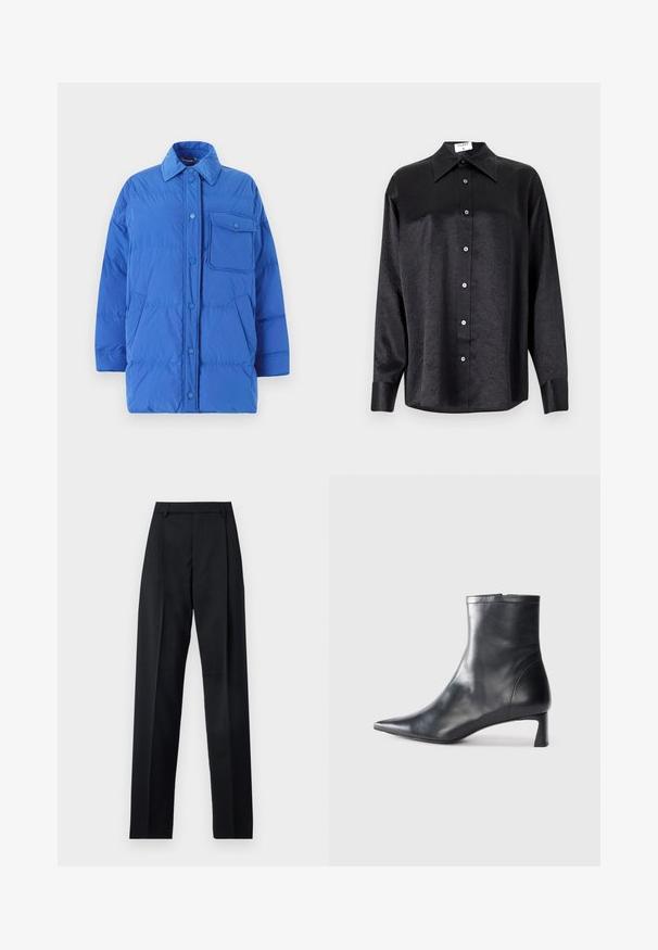 Weekend Max Mara CARLOS - Down coat - bluette; Black long-sleeve shirt with a collared neckline, featuring a crinkled texture, full button front, and cuffs. Made from a smooth fabric.; Black trousers made from smooth fabric featuring a high waist, wide legs, front pleats, and classic belt loops. No side pockets visible.; Black leather ankle boot with a pointed toe and a sleek design. Features a low heel and a zipper closure at the back. Smooth texture.