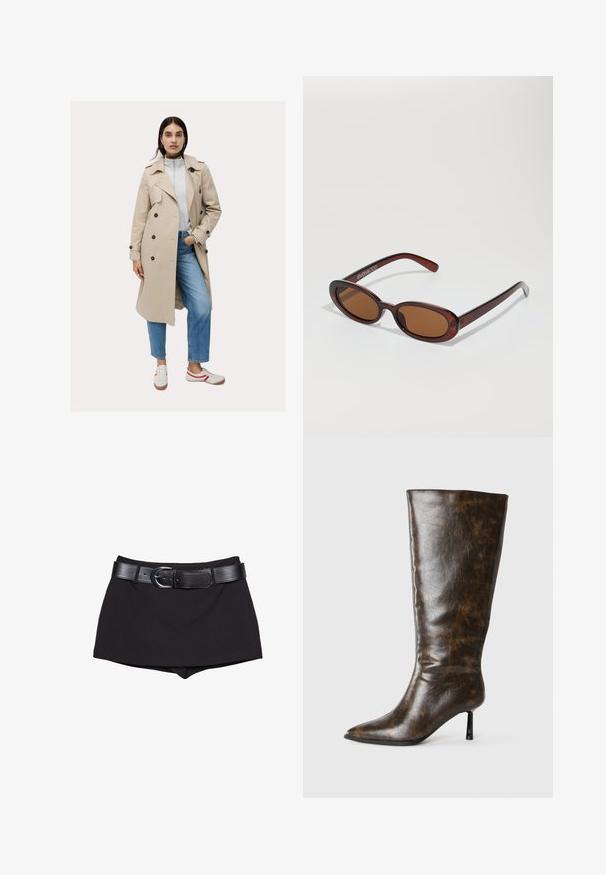 Beige trenchcoat med dobbeltradet design og mørke knapper, parret med en lysegrå sweatshirt og blå jeans, accessorized med sneakers.; Blå strikket ærmeløs vest med V-udskæring, kabelmønster, ribbede kanter og et lille rødt broderet logo på brystet.; Sorte shorts med en glat overflade, der har et bredt sort bælte og en sølv spænde, skåret i et tætsiddende design med en let høj talje.; Brune slidset læder knæhøj støvle med spids tå og tynd stilettohæl på en hvid baggrund.; Runde, bruntonede solbriller med en glansfuld bordeauxramme. Slanke arme med diskret brandingdetalje. Flad linsedesign.