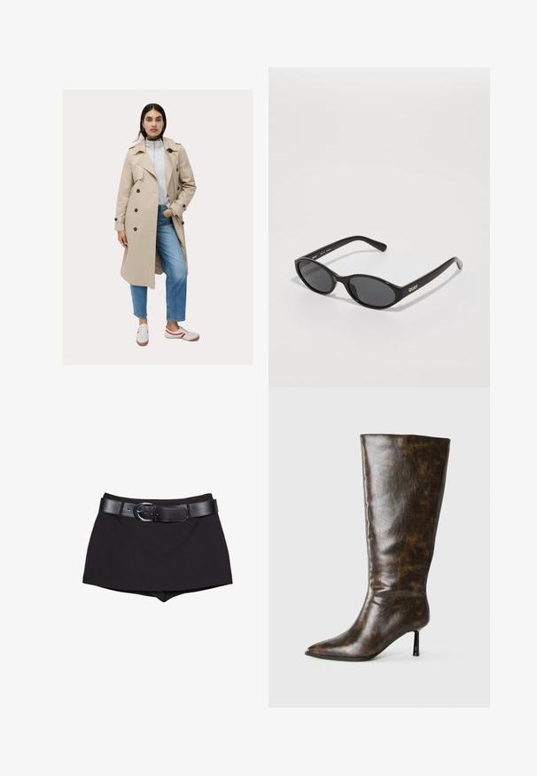 Beige trenchcoat med dobbeltradet design og mørke knapper, parret med en lysegrå sweatshirt og blå jeans, accessorized med sneakers.; Grå cropped sweater lavet af blødt, fuzzy materiale. Har lange ærmer og en rund halsudskæring med en glat, let tekstur.; Sorte shorts med en glat overflade, der har et bredt sort bælte og en sølv spænde, skåret i et tætsiddende design med en let høj talje.; Brune slidset læder knæhøj støvle med spids tå og tynd stilettohæl på en hvid baggrund.; Sorte solbriller med rundede linser, blank plastisk stel og "QUAY" logo i guld på siden. Har mørke tonede linser.; Pendantsmykke med en tekstureret, metallisk sølv firkantet vedhæng på en sort snor. Bemærkelsesværdige detaljer inkluderer indviklede mønstre og en glat overflade.