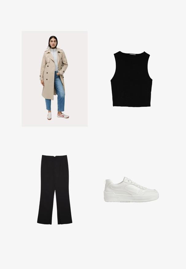 Beige trenchcoat med dobbeltradet design og mørke knapper, parret med en lysegrå sweatshirt og blå jeans, accessorized med sneakers.; Sort ærmeløs crop top lavet af glat stof, med rund hals og et rent, enkelt design uden mønstre eller hardware.; Sorte bukser med lige pasform, der har frontlommer og slidser i kanten. Lavet af blødt, glat stof. Velegnet til forskellige anledninger.; Hvide lædersneakers med glat tekstur, polstret ankeldel og perforeret tå. Har en let hævet gummisål og snørebåndsdesign.