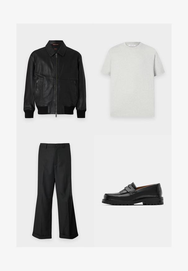 Svart läderbomberjacka med dragkedja fram. Har ribbade ärmslut, en platt krage och två sidofickor med dragkedja. Slät textur, klassisk design.; Ljusgrå kortärmad t-shirt i mjukt material, med rund halsringning och avslappnad passform utan synliga mönster eller detaljer.; Svarta vida byxor med knapplåsning i midjan och uppvikta fållar, visade mot en enkel vit bakgrund.; Svarta läderloafers har en upphöjd söm, två dekorativa remmar på ovansidan och en tjock texturerad sula för ökat grepp.