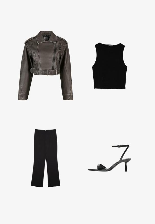 Skrajšana siva usnjena jakna z izrezanim ovratnikom, dvonabojnim dizajnom, sprednjim zadrgo in pasom. Ima stranske žepe.; Črn brez rokavov crop top, izdelan iz gladkega materiala, z okroglim izrezom in čistim, preprostim dizajnom brez vzorcev ali dodatkov.; Črne hlače ravnega kroja z naglavnimi žepi in stranskimi razporki na robu. Narejene iz mehke, gladke tkanine. Primerne za različne priložnosti.; Bershka Sandali z visoko peto - black