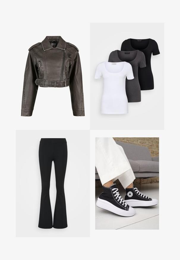 Trumpas pilkos dirbtinės odos švarkas su įpjautu apykakle, dublikato dizainu, priekiniais užtrauktukais ir juosmeniui priderintu diržu. Užtrauktuku ir kišenėmis šonuose.; Trys priderinti marškiniai: balti, pilki ir juodi. Kiekvienas turi plačią apvalią iškirptę ir trumpas rankoves. Pagaminti iš lygaus, tamprių audinio.; Juodai platėjantys kelnių, pagamintų iš tamprių medžiagų, kurie turi aukštą juosmenį ir lygią tekstūrą. Kelnės platėja nuo kelio.; Juodi kanvasiniai aukšti sportbačiai su baltais guminiais padu ir raišteliais. Šonuose yra apskritas logotipas ir ryški balta siūlė.