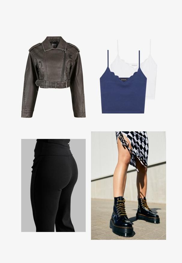 Giacca in finta pelle grigia, tagliata, con colletto a punta, design doppiopetto, zip frontale e vita con cintura. Presenta tasche laterali.; Set di bralette in cotone navy e bianco con scollo a scallop, spalline sottili e design aderente. Etichetta con logo sul lato interno del pezzo navy.; Leggings neri a coste con vita alta, forma aderente e texture liscia. Include un sottile dettaglio in metallo sulla vita.; Stivali platform in pelle nera con suole spesse, lacci dorati e cuciture arancioni, abbinati a una gonna a quadri con spacco laterale.