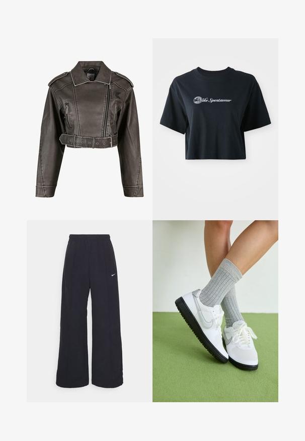 Lühendatud hall faux nahkjope, millel on sakiline krae, topeltrinnaline disain, eesneede ja vöökoht. Omab küljetaskuid.; Lühikeste varrukatega must puuvillane t-särk, millel on ees valge tekst "Vice Sportswear" ja ringikujuline graafika.; Mustad laiad mustad püksid, millel on elastne vöökoht ja väike valge Nike logo. Kanga tekstuur on sile, disainitud mugavuseks ja igapäevaseks kandmiseks.; Valged treeningjalatsid hallide aktsentidega, musta kummist tallaga ja valgete paeltega, koos heledate hallide soonikute sokkidega, asetatud rohelisele pinnale.