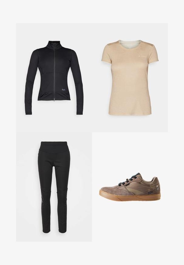 Schwarze Radjacke mit hohem Kragen, durchgehendem Reißverschluss und langen Ärmeln. Verfügt über Flachnähte und ein dezentes Logo auf der linken Seite.; Beige T-Shirt mit kurzen Ärmeln aus weichem Stoff. Rundhalsausschnitt mit hellfarbigem Besatz und dezentem Logo, das nahe der Schulter gedruckt ist.; Schwarze Sportleggings mit hohem Bund, glatter Textur, Logodetail und seitlichen Paneelen für zusätzlichen visuellen Reiz.; Vaude AM MOAB GRAVITY - Fahrradschuh - coconut