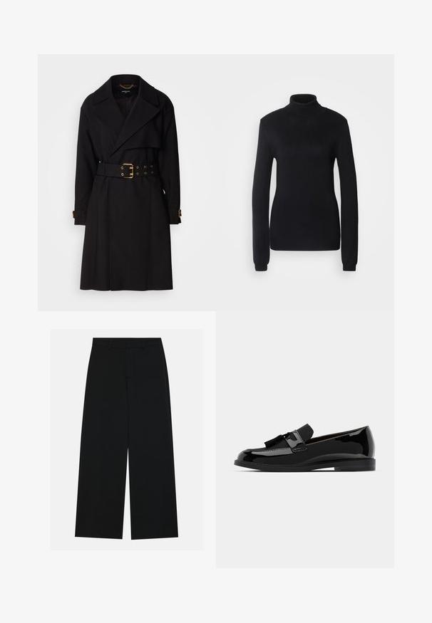 Zwarte trenchcoat met een dubbelzijdig ontwerp, brede revers, een taille met riem en gouden accenten, en manchetten met gespen. Gladde textuur.; Zwarte coltrui van een zachte brei-stof, met lange mouwen en een aansluitende pasvorm, voorzien van een geribbelde kraag en zoom.; Zwart, wijde broek van een gladde stof. Heeft een plat tailleband met riemlussen en geen zichtbare zakken. Eenvoudig ontwerp.; Zwarte lakleren loafers met een platte hak, voorzien van een kwastaccent en een glad oppervlak, ontworpen met een ronde neus en subtiele stiksels.