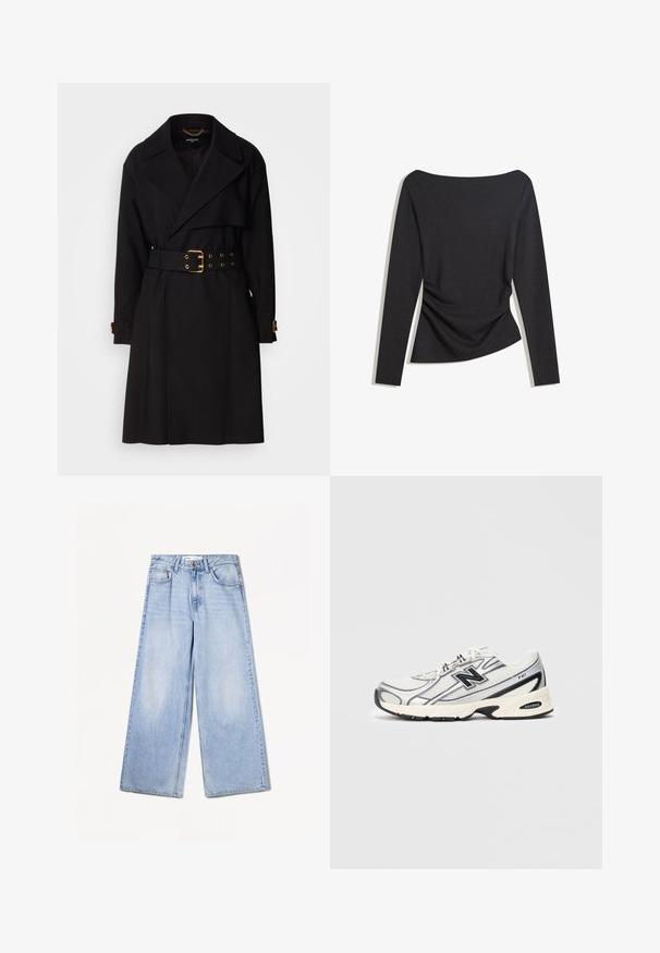 Czarny płaszcz trench z podwójnym zapięciem na guziki, szerokimi klapami, pasem ze złotymi elementami i paskami na mankietach. Gładka tekstura.; Czarny dopasowany top z długim rękawem i dekoltem typu łódka, z delikatnym marszczeniem po jednej stronie na wysokości talii, ułożony na białym tle.; Bershka WIDE jasnoniebieski denim; Białe i szare sportowe sneakersy z czarnym logo "N", siateczkowa cholewka, wyściełana podeszwa oraz sznurowany design, pokazane na jednolitym jasnoszarym tle.