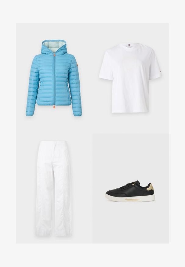 Light blue puffer jacket with horizontal quilted design, adjustable hood, and a front zipper featuring an orange pull tab. Soft inner lining.; White cotton T-shirt with a crew neck, short sleeves, and subtle yellow logo design reading "HILFIGER NEW YORK 1985." Standard fit.; White wide-leg trousers made of lightweight fabric, featuring a smooth texture, clean lines, and a high waist design.; Black leather sneaker with a smooth texture, white rubber sole, gold accents on the heel and eyelets, featuring a logo on the side.