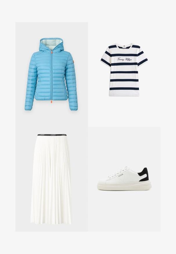 Lichtblauwe pufferjack met horizontale quiltontwerpen, verstelbare capuchon en een rits aan de voorkant met een oranje trekkoord. Zachte binnenvoering.; Katoenen T-shirt met horizontale marineblauwe strepen op een witte achtergrond. "Tommy Hilfiger" geborduurd in cursieve letters op de borst. Ronde hals.; Plisséminirok in het wit met een zwarte elastische tailleband met het "LACOSTE"-logo. Middellange ontwerp met een zachte textuur.; Witte leren sneakers met een dikke witte zool, zwarte suède hielaccent en een geperst logo op de zijkant. Vetersluiting met zes oogjes.