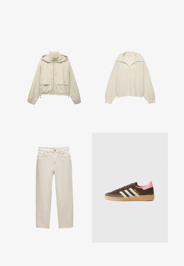 Light beige cropped jacket, made of lightweight material, with a zipped front, hood, two front pockets, and adjustable drawstrings at the hem.; Sweater in off-white, made of chunky knit material. Features a wide collar, drop shoulders, and ribbed hem and cuffs. Boxy design.; White denim jeans with a relaxed fit, featuring a straight leg, five-pocket design, and metal hardware with a subtle texture.; adidas Originals HANDBALL SPEZIAL UNISEX - Trainers - dark brown/alumina/wonder mauve