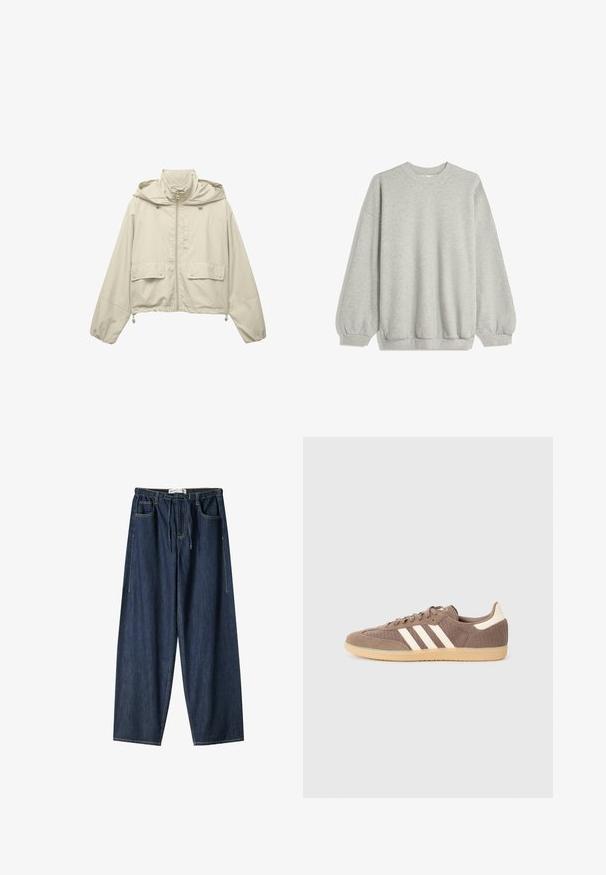 Jasno beżowa krótka kurtka, wykonana z lekkiego materiału, z zapięciem na zamek błyskawiczny, kapturem, dwoma przednimi kieszeniami i regulowanymi sznurkami u dołu.; Szara bluza z miękkiego materiału, z okrągłym dekoltem, długimi rękawami z elastycznymi mankietami oraz luźnym krojem. Bez wzorów i akcentów.; Ciemnoniebieskie dżinsowe spodnie o szerokim kroju. Zawierają elastyczny pas, sznurki do regulacji oraz kieszenie z przodu. Gładka tekstura z widocznymi szwami.; Brązowe tekstylne sneakersy z trzema białymi paskami, zamszową i siateczkową teksturą, gumową podeszwą, niskoprofilowym designem oraz subtelnymi akcentami na pięcie.