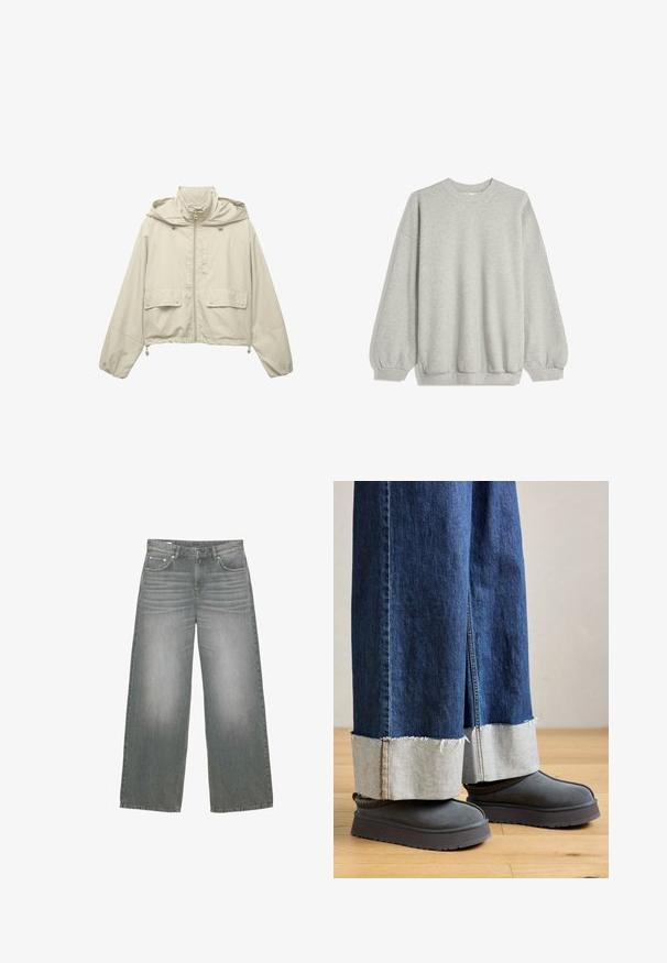 Lys beige cropped jakke, lavet af letvægtsmateriale, med lynlås fortil, hætte, to forlommer og justerbare snore i kanten.; Grå sweatshirt lavet af blødt stof, med rund hals, lange ærmer med elastiske manchetter og en afslappet pasform. Ingen mønstre eller accenter.; Bredde ben, grå denim jeans med en let falmet tekstur, fem-lomme design og klassisk knap- og lynlås lukning.; Videbenede denimjeans med frynset kant, prydet med en kontrasterende lys denimafslutning. Parret med grå ruskind støvler med en tyk sål.
