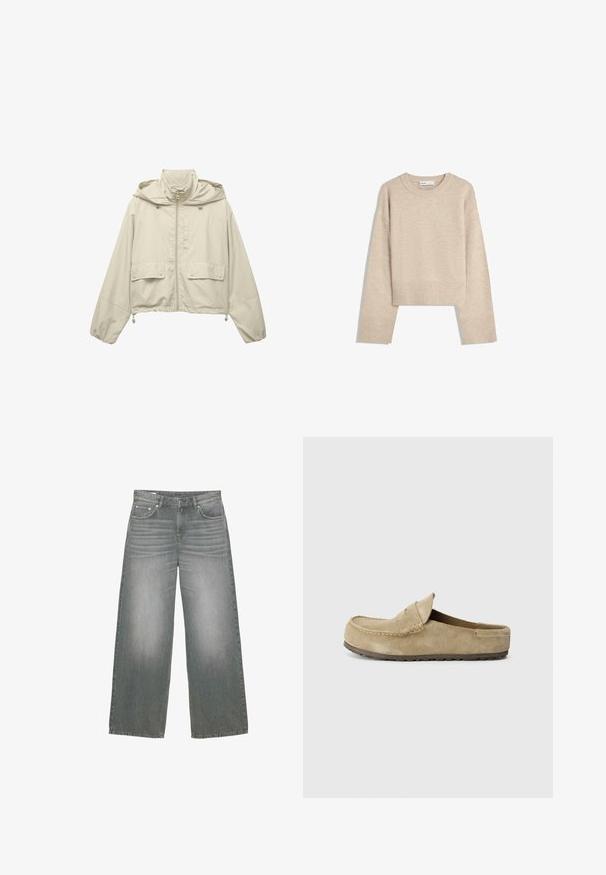 Jasno beżowa krótka kurtka, wykonana z lekkiego materiału, z zapięciem na zamek błyskawiczny, kapturem, dwoma przednimi kieszeniami i regulowanymi sznurkami u dołu.; Beżowy, krótkie sweter wykonany z miękkiego materiału dzianinowego. Posiada okrągły dekolt, długie rękawy oraz prążkowane mankiety i dół, co dodaje mu tekstury.; Jasnożółty materiał o miękkiej, gładkiej fakturze, prezentujący delikatne fałdy i subtelny połysk, odpowiedni do odzieży lub tapicerki.; Szerokie, szare dżinsy z denimu z lekko wypłowiałą teksturą, pięcioma kieszeniami oraz klasycznym zapięciem na guzik i suwak.; Birkenstock NAPLES UNISEX taupe