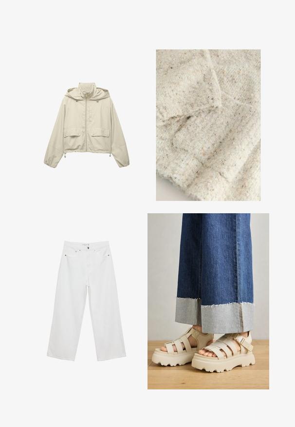 Lys beige cropped jakke, lavet af letvægtsmateriale, med lynlås fortil, hætte, to forlommer og justerbare snore i kanten.; Lys grå strikket stof med en blød, tekstureret overflade, der har sprøjt af tan og mørkere brune nuancer. Subtil ribbet detaljering.; Hvide bukser med bred benvidde lavet af denim med høj talje, der har fem lommer og metalhardware. Glat tekstur, uden synlige mønstre.; Beige platform sandaler med tykke såler har et bånddesign og justerbare ankelremme. Båret med bredbenede denimbukser, hvor den ene kant er flosset.