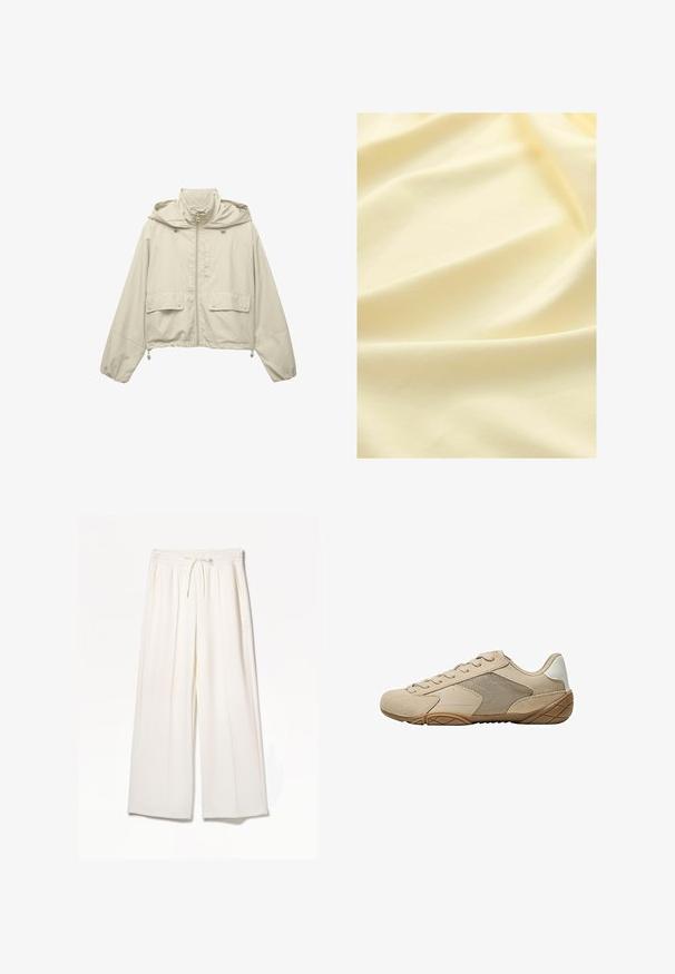 Lys beige cropped jakke, lavet af letvægtsmateriale, med lynlås fortil, hætte, to forlommer og justerbare snore i kanten.; Lys gul stof med en blød, glat tekstur, der viser blide folder og en subtil glans, velegnet til tøj eller polstring.; Hvide brede bukser lavet af letvægtsstof, med elastisk talje, snøre og sidelommer uden synlige mønstre.; Beige atletiske sko med en overdel i ruskind og mesh, tekstureret gummisål og flade snørebånd. Glatte detaljer ved hælen med en afrundet tådesign.