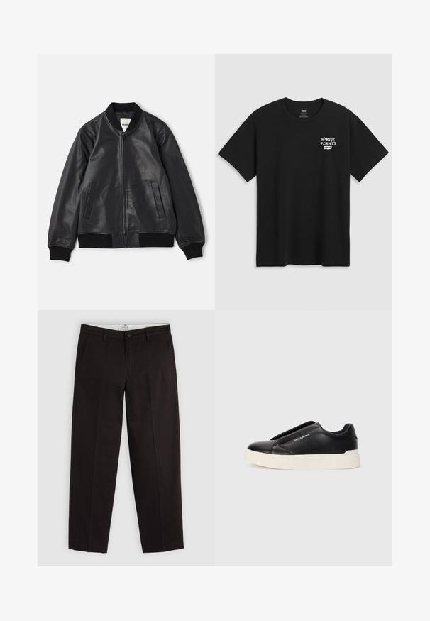 Schwarze Lederbomberjacke mit Frontreißverschluss, geripptem Kragen, Bündchen und Saum sowie zwei vertikalen Schlitztaschen auf weißem Hintergrund.; Schwarzes Baumwoll-T-Shirt mit einem Brustdruck, der in einer weißen, stilisierten Schrift "HAUSPFLANZEN" und darunter "Levi's" zeigt. Klassischer Rundhalsausschnitt.; Schwarze Chinos mit geradem Bein, Gürtelschlaufen, Knopfverschluss und Seitentaschen, auf einem hellgrauen Hintergrund präsentiert.; Schwarzer Schlupfschuh aus strukturiertem Lederobermaterial, mit weißer Gummisohle und ohne sichtbare Schnürsenkel. Mit Markenlogo an der Seite.