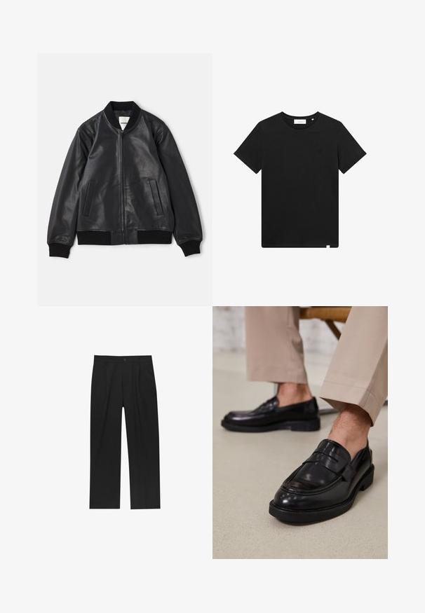 Zwarte leren bomberjack met een voorrits, ribbelkraag, ribbelmanchetten en een ribbelband, en twee verticale zakken op een witte achtergrond.; Zwarte T-shirt met korte mouwen van katoen, met een ronde hals en een klein logo geborduurd op de borst. Soepele textuur, normale pasvorm.; Zwarte broeken met een recht model, gemaakt van een gladde stof. Voorzien van een voorplooien en een enkele knoopsluiting bij de taille.; Zwarte leren loafers met een gladde afwerking, voorzien van een decoratieve band en contrasterende stiksels, gecombineerd met beige broeken.